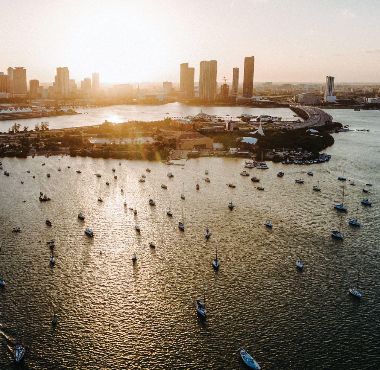 Miami skyline over the bay at sunset